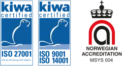 NTE AS, NTE Energi og NTE Telekom har ISO sertifikatet 27001. Hele NTE har ISO 9001 og 14001 sertifikatet. Norwegian Accreditation MSYS 004